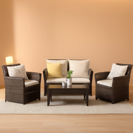 4 Piece Outdoor Wicker Patio Furniture Set Brown Cushions