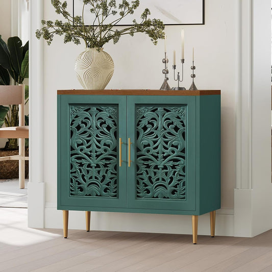 Green Accent Cabinet Carved Storage Vintage Furniture