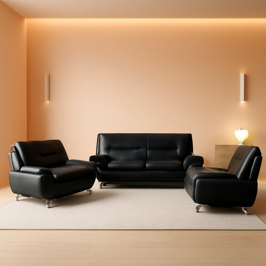 Leather Sofa Set 3 Piece Black Living Room Furniture